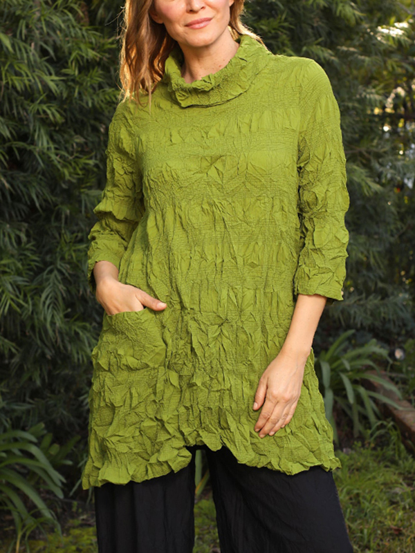 Loose Turtle Neck Front Patch Pocket Crinkled Embossed Fabric Blouses