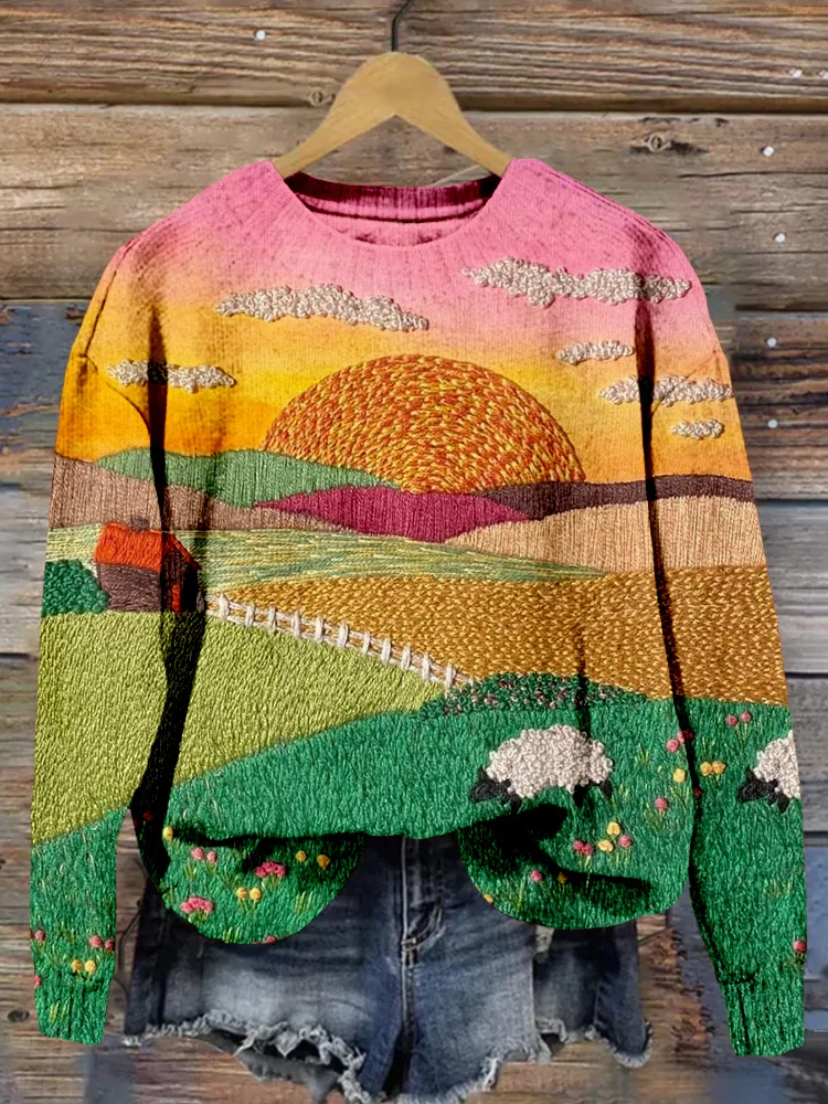 Comstylish Sheep Farm Landscape Embroidery Art Cozy Sweater