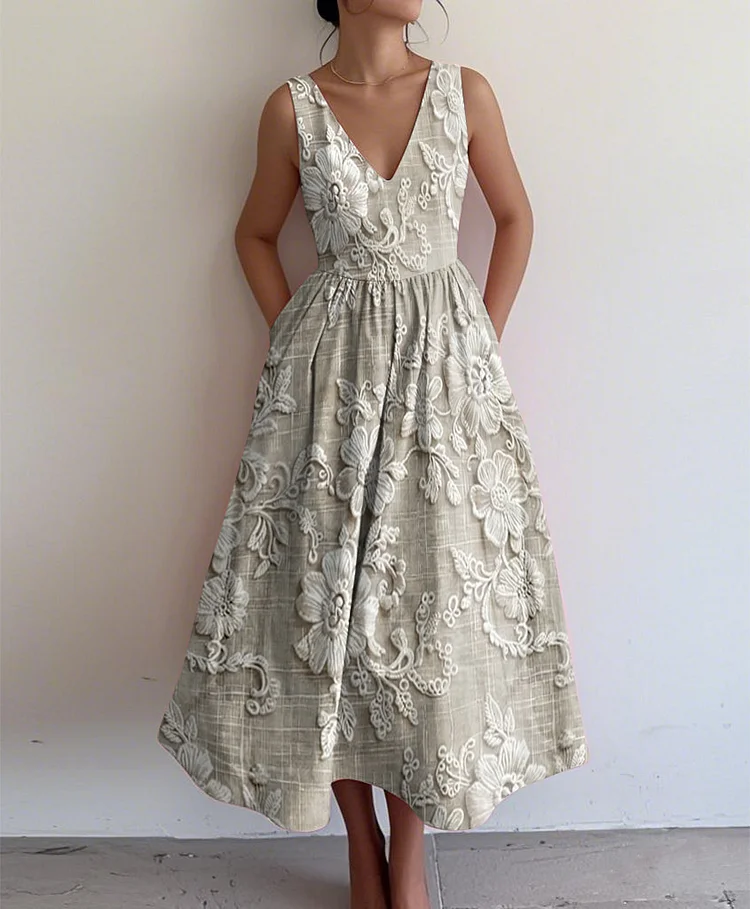 Elegant Floral Print V-neck Sleeveless Dress