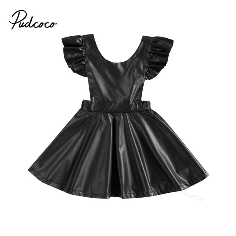 0-5Years Infant Kids Baby PU Dress Solid Black Synthetic Leather Dress Ruffled Sleeveless Fashion Gown Outfits