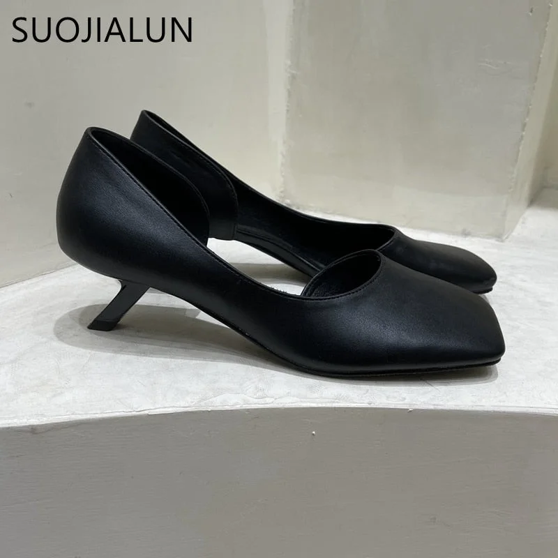 SUOJIALUN 2022 Spring New Women Pumps Sandal Ladies Elegant Low Kitten Heel Dress Shoes Square Toe Shallow Pumps Shoes for Work