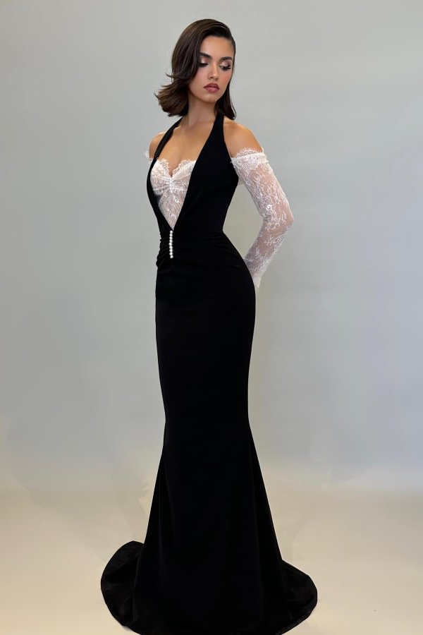 Daisda Black Halter Mermaid Evening Dress with Gloves