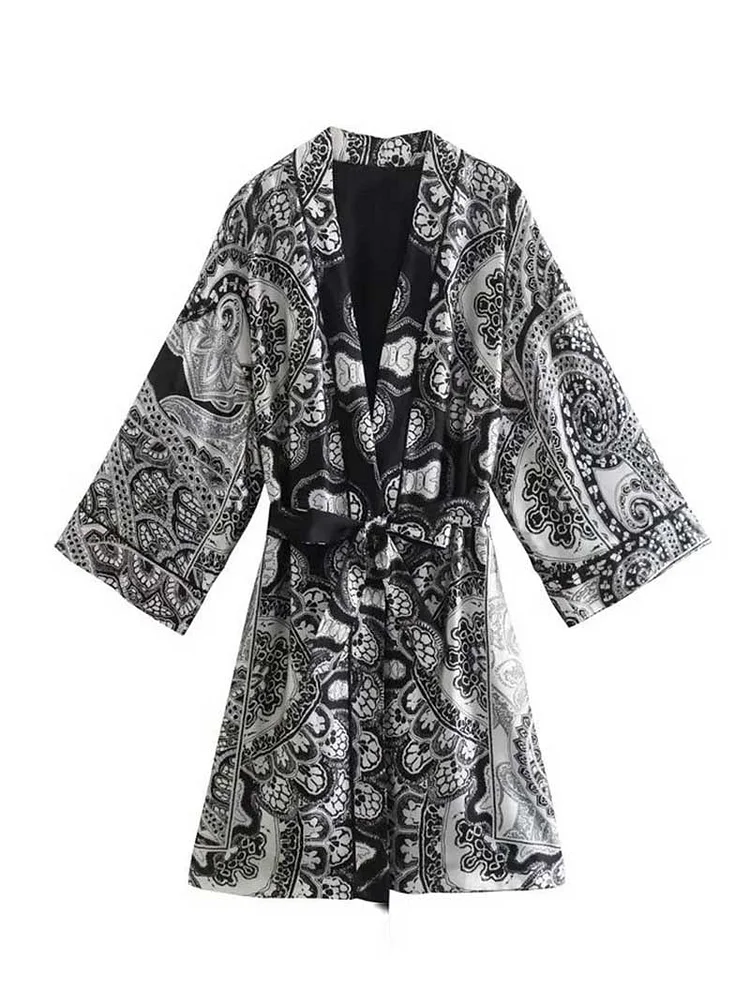 Beach Black & White Paisley Printed Long Sleeve Kimono Cardigan