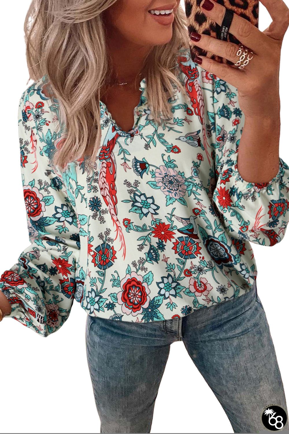 Apricot Floral Frilled V Neck Long Sleeve Blouse | 168DEAL