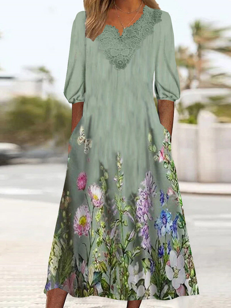Women's 3/4 Sleeve V-neck Floral Printed Lace Stitching Midi Dress