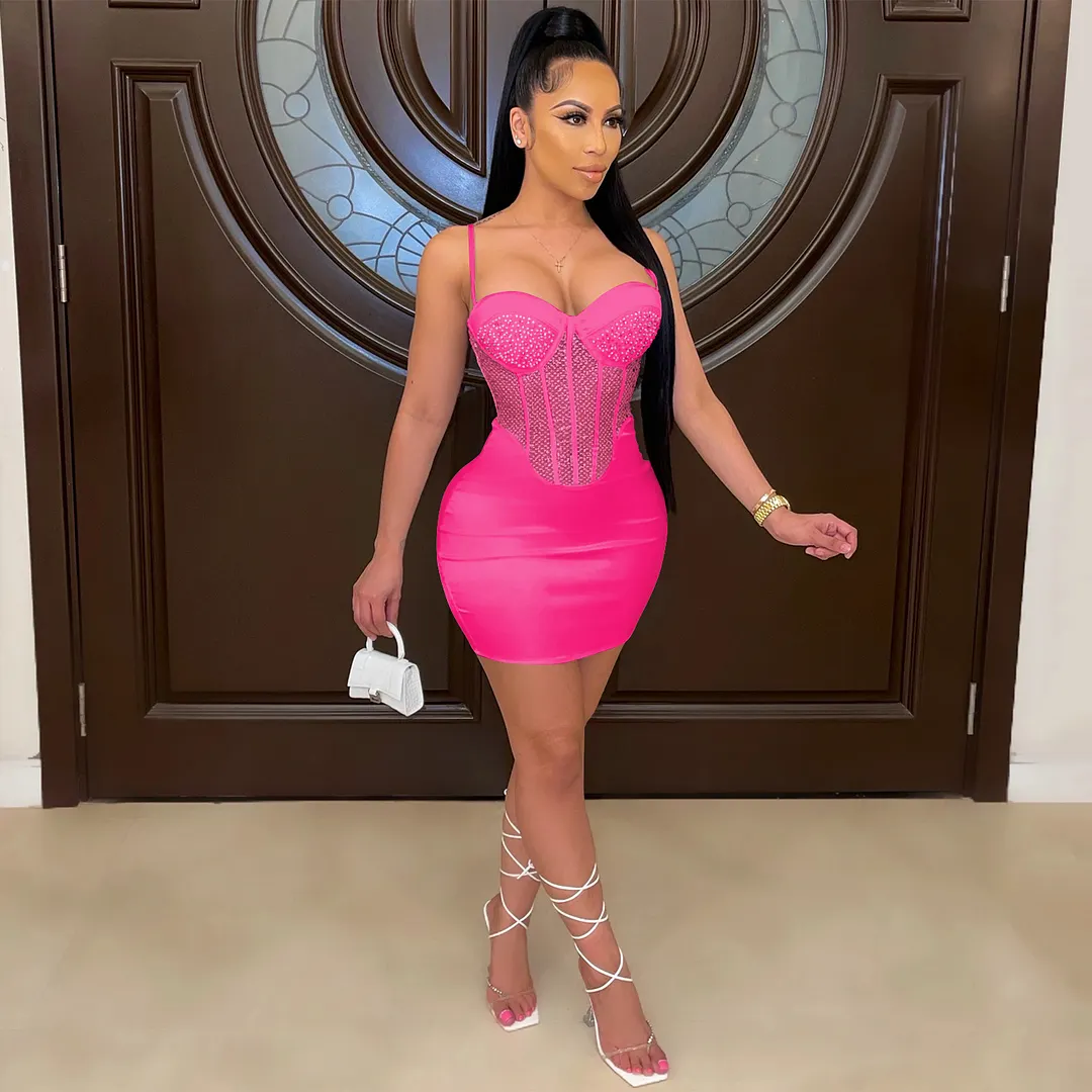 Churchf Churchf New Wish Sexy Sling Wrapped Chest Net Gauze Hot Diamond Solid Color Conjoined Dress