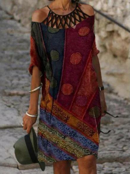 Women's Scoop Neck Short Sleeve Half Sleeve Printed Midi Dress