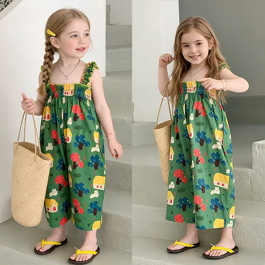 【18M-8Y】Girls' Cartoon Vintage Breathable Sweet Lace Trim Camisole Cropped Jumpsuit