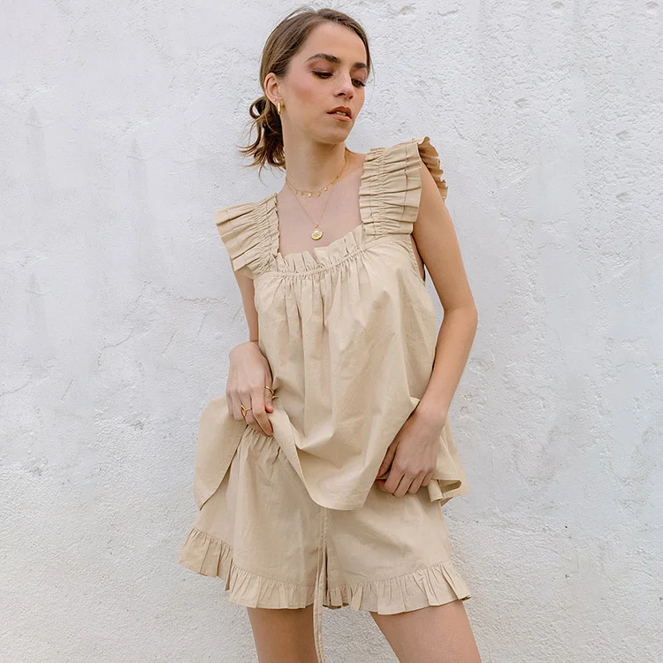Women's Cotton And Linen Ruffled Casual Sleeveless Top Two-piece Set