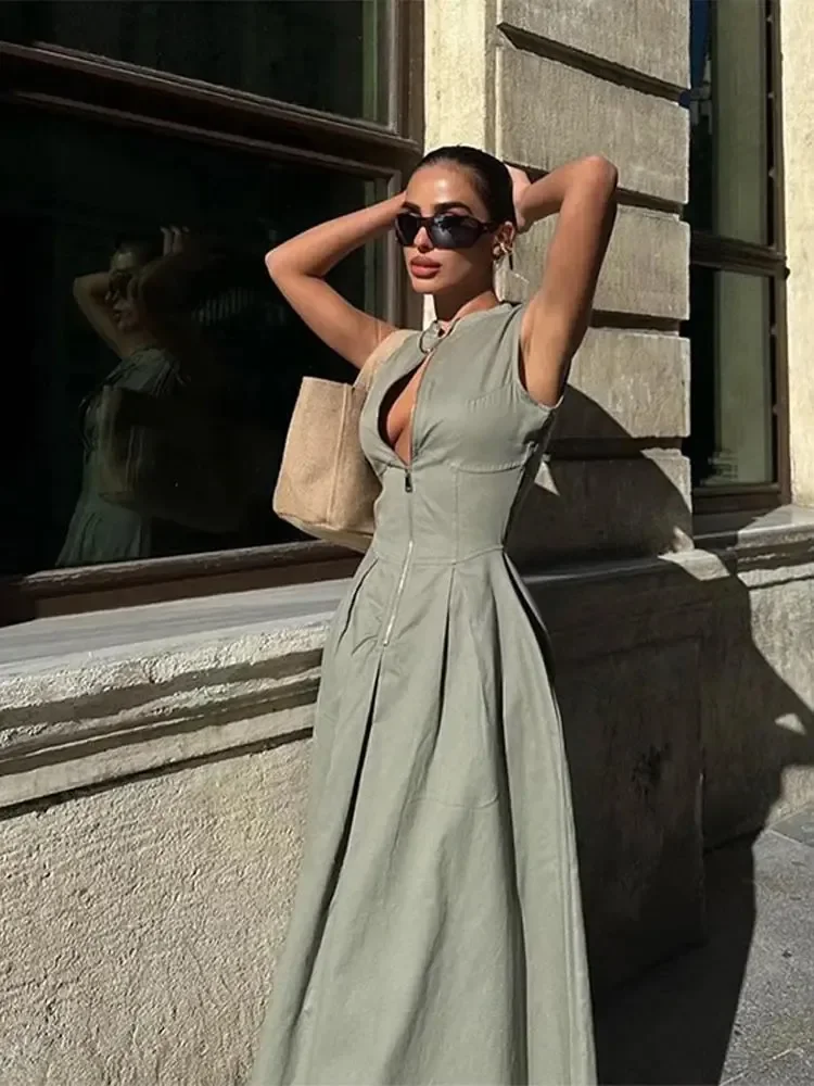 Women Fashion Round Collar Sleeveless Pleated Slim Elegant Solid Half Zipper A-line Maxi Dress