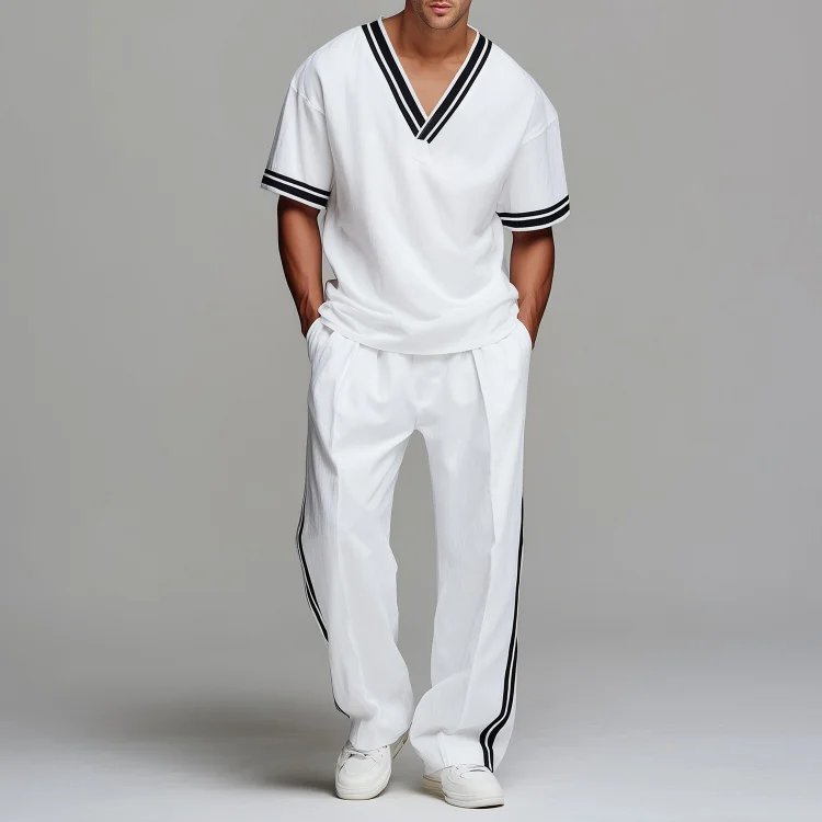 Okaywear Black Stripes V Neck T-Shirt & Pants 2Pcs Set 