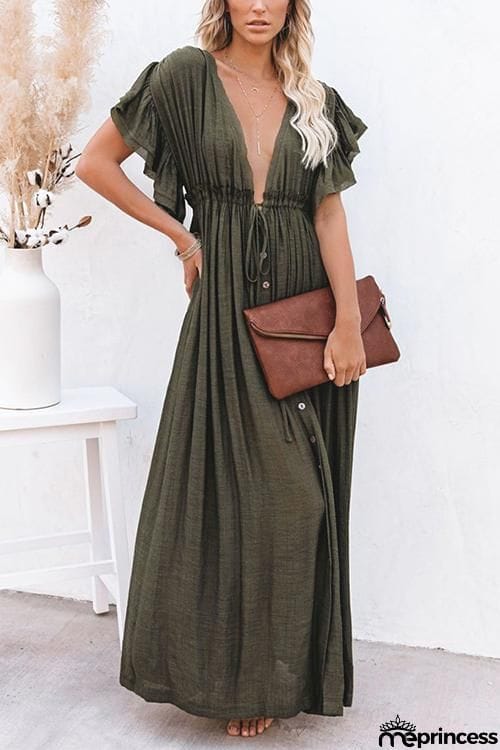Button Drawstring Waist Bat Maxi Cover Dress