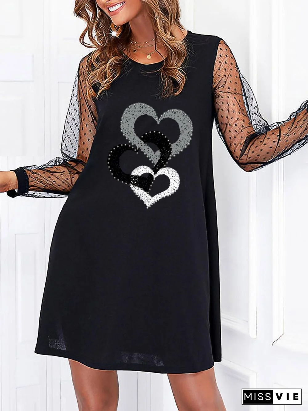 Dots Mesh Sleeve Pattern Black Dress