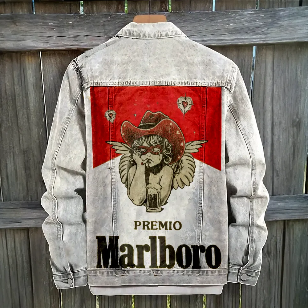 Distressed Denim Jacket With Unique Angel Cowboy Design