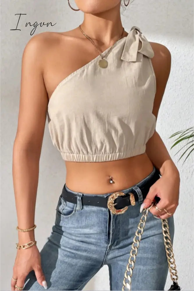 Ingvn - Cropped One-Shoulder Striped Tie Shoulder Tank Sand / S