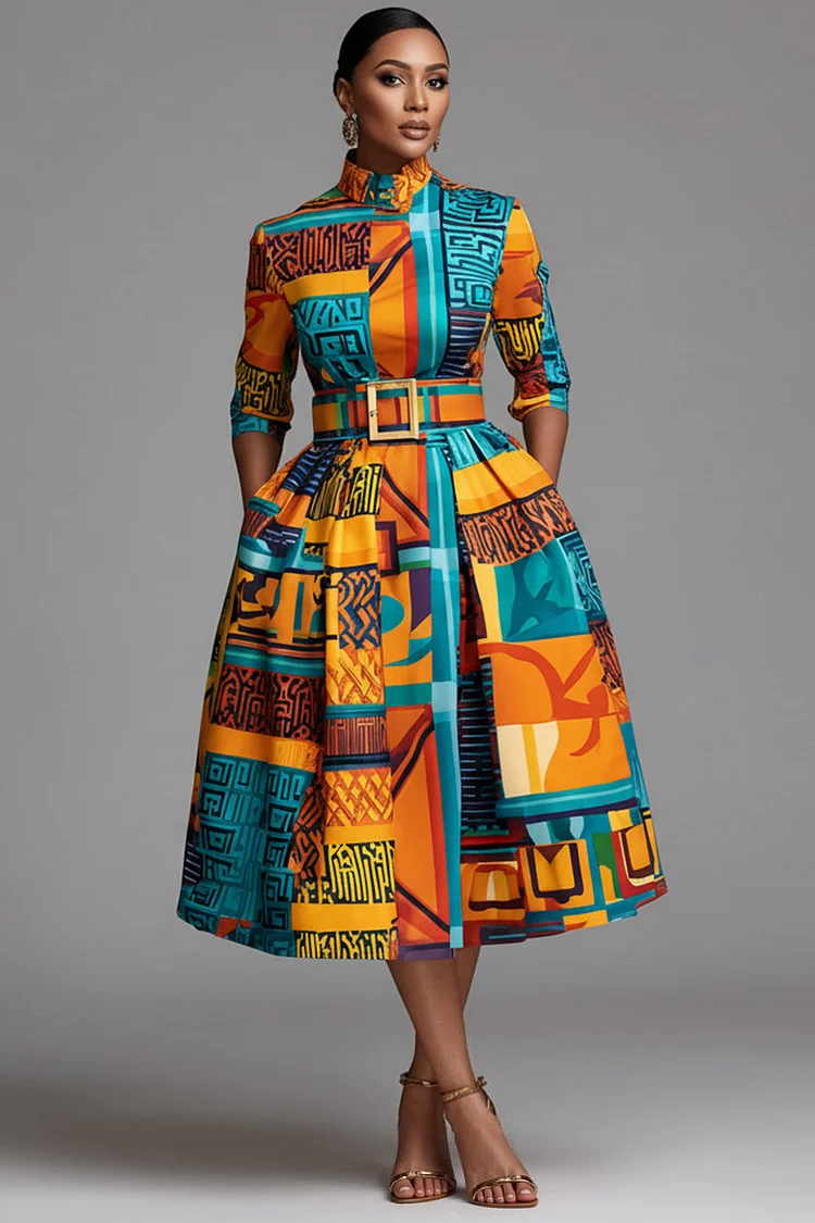 Xpluswear Design Plus Size Business Casual Multicolor Ankara Mock Neck Half Sleeve Pocket Satin Midi Dresses [Pre-Order] 2024 - Xpluswear