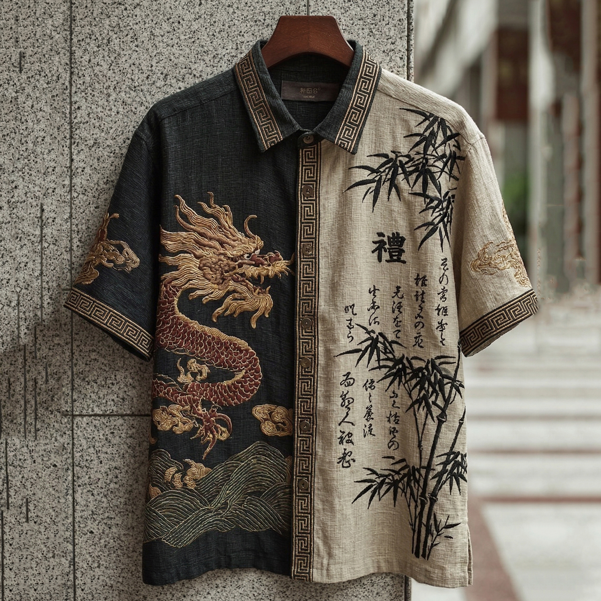 Men's Retro Dragon Color-block Short-sleeve Shirt elevenforest