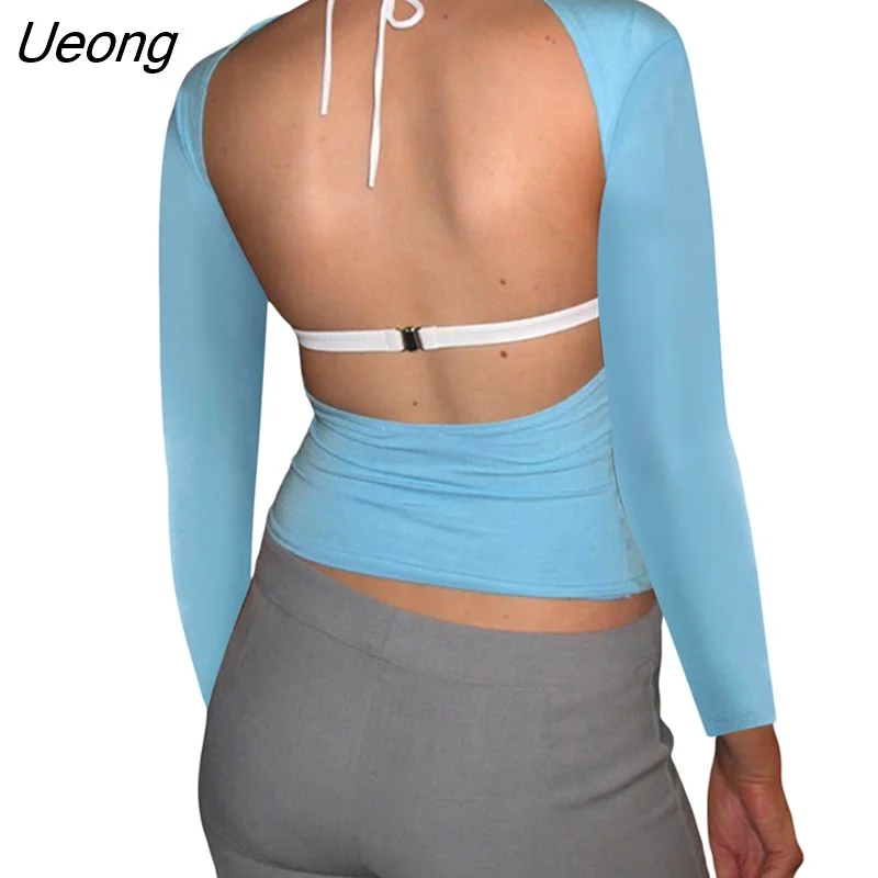 Ueong Women Trendy T-Shirt Sexy Solid Color Long Sleeve Fitted Cutout Open Back Going Out Tops Streetwear for Females S/M/L