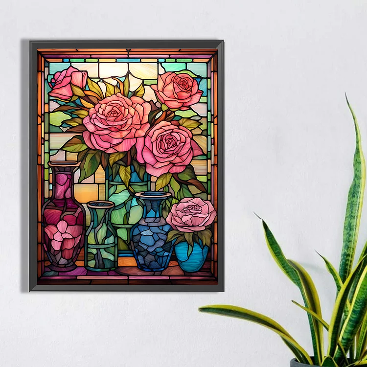 Stained Glass Red Flowers 30*40cm(canvas) full round drill diamond painting