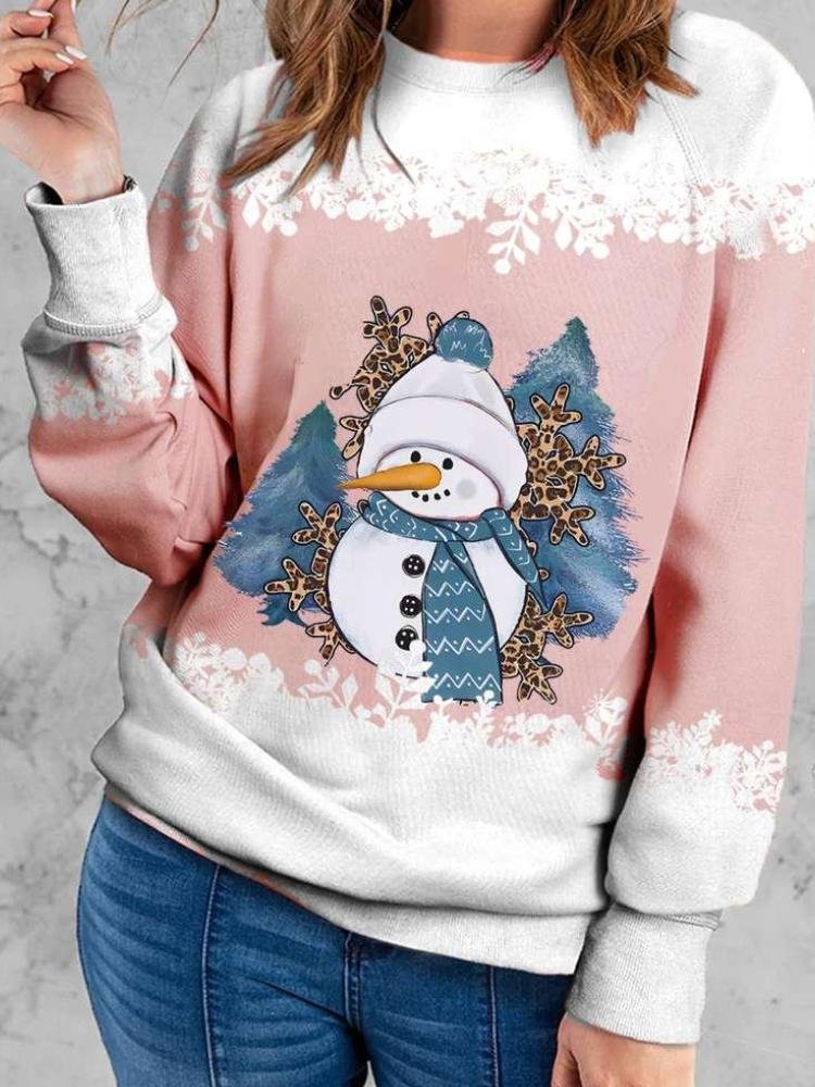 Women's Snowman Snowflake Elk Horn Christmas Tree Print Sweatshirt