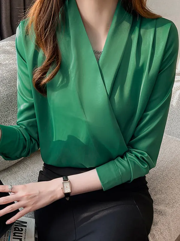 V Neck Pullover Solid Color Blouse