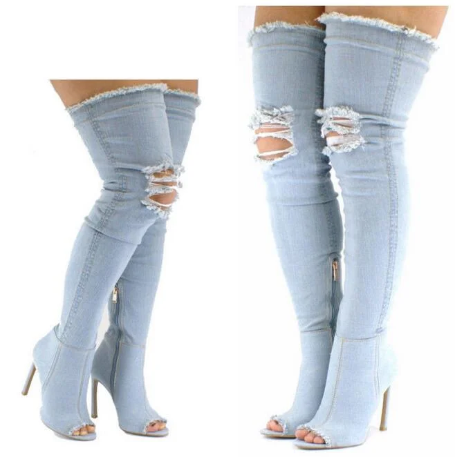Breakj Ripped Jeans Thigh High Boots Peep Toe Zipper Stretch Denim Over The Knee Boots Thin Heels Women Gladiator Party Shoes