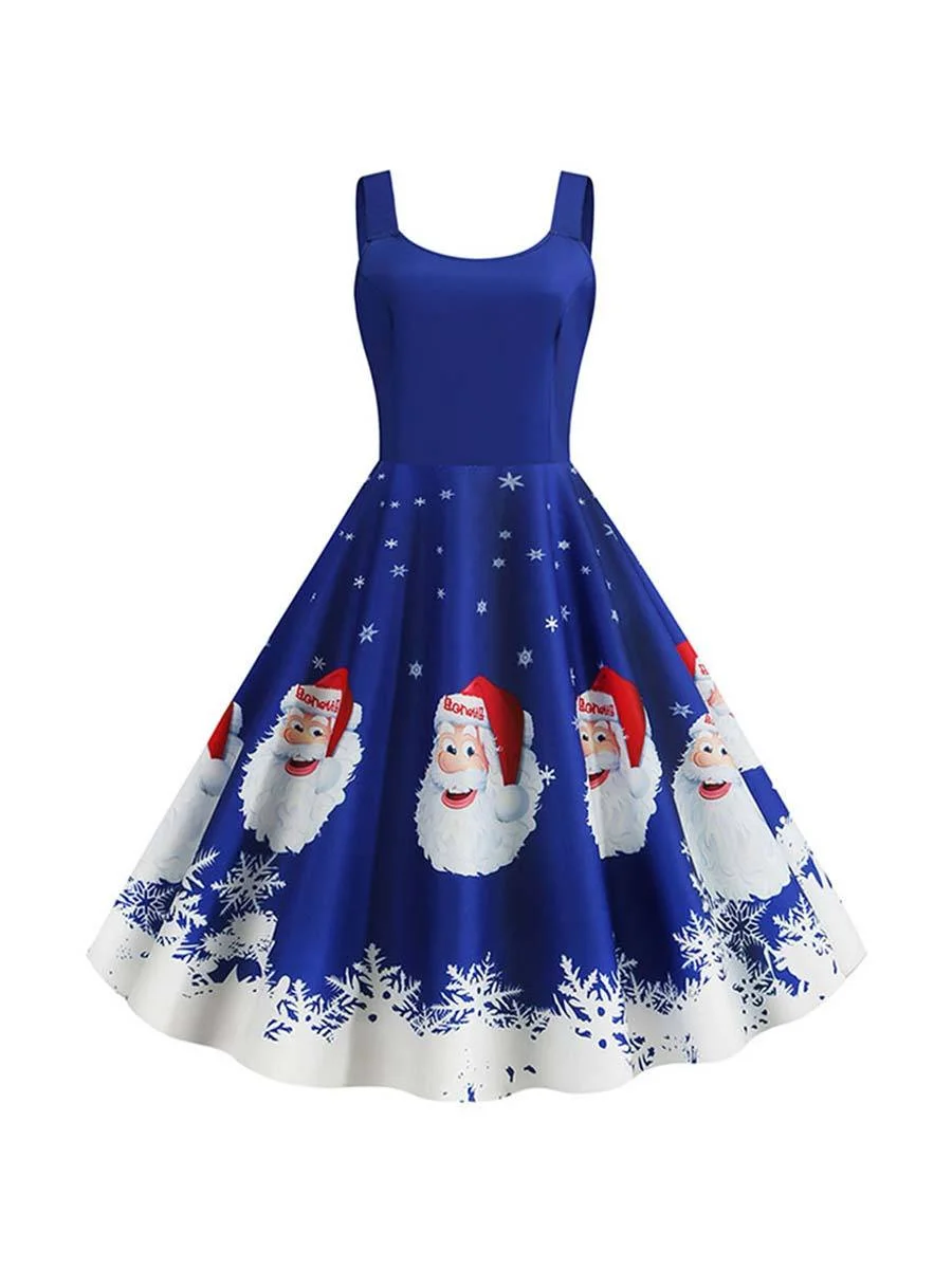 Christmas Dress Robe Santa Snowflake Print Spaghetti Straps Dress