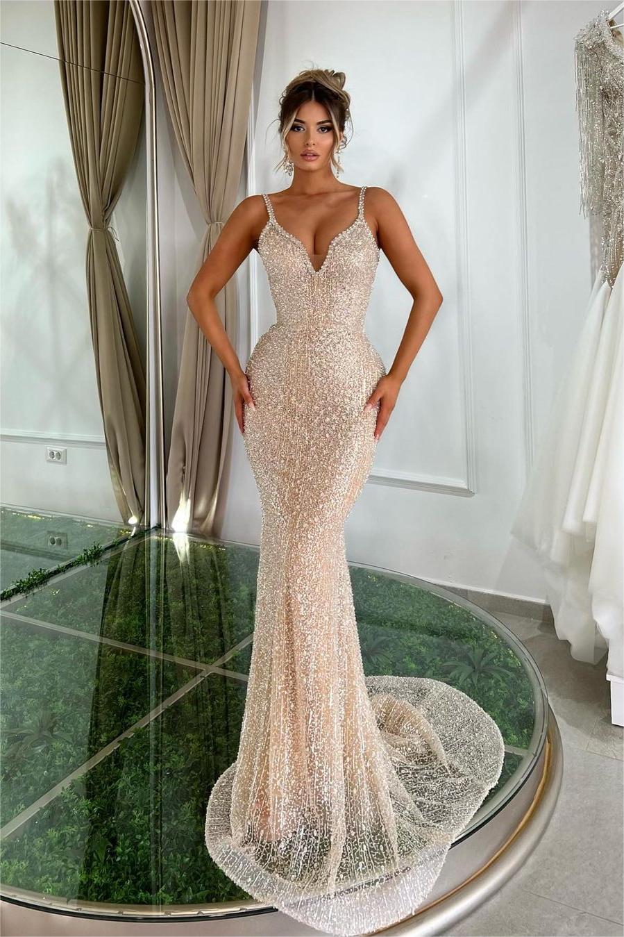 Lvs&Broner Gorgeous Champaign Gold Straps Sleeveless Mermaid Long Prom Dress With Beading