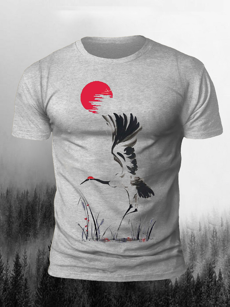 Ink Painting Crane Print Short Sleeve T-Shirt