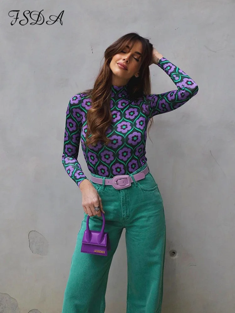 Long Sleeve Crop Top Women Floral Print Vintage 2022 Autumn Summer Casual 90s T Shirts Sexy Fashion Y2K Turtleneck