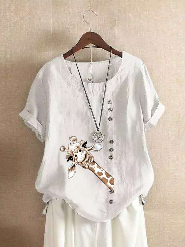 Casual Cotton-Blend Animal Crew Neck Shirts & Tops Zaesvini