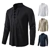 Men's Casual Stand Collar Drawstring Design Cotton Linen Henley Long Sleeve T-Shirt
