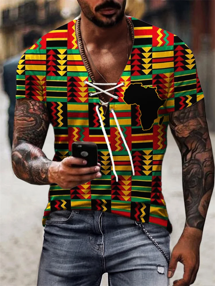 BrosWear Men's Africa Map Rasta Kente Lace Up T Shirt