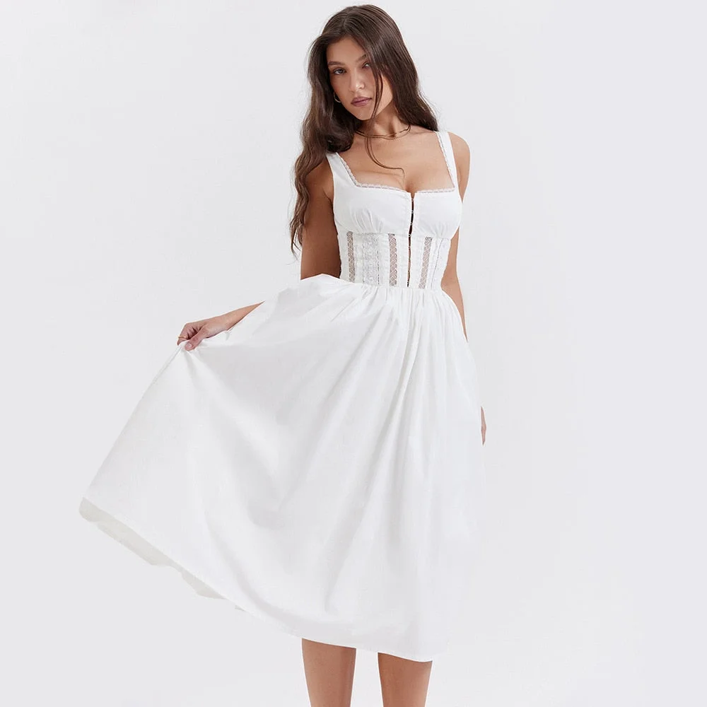 Peneran Summer Square Neck Sleeveless White Holiday Dress Elegant Lace Hollow Out A Line Party Dress with Lining 2023 Dress