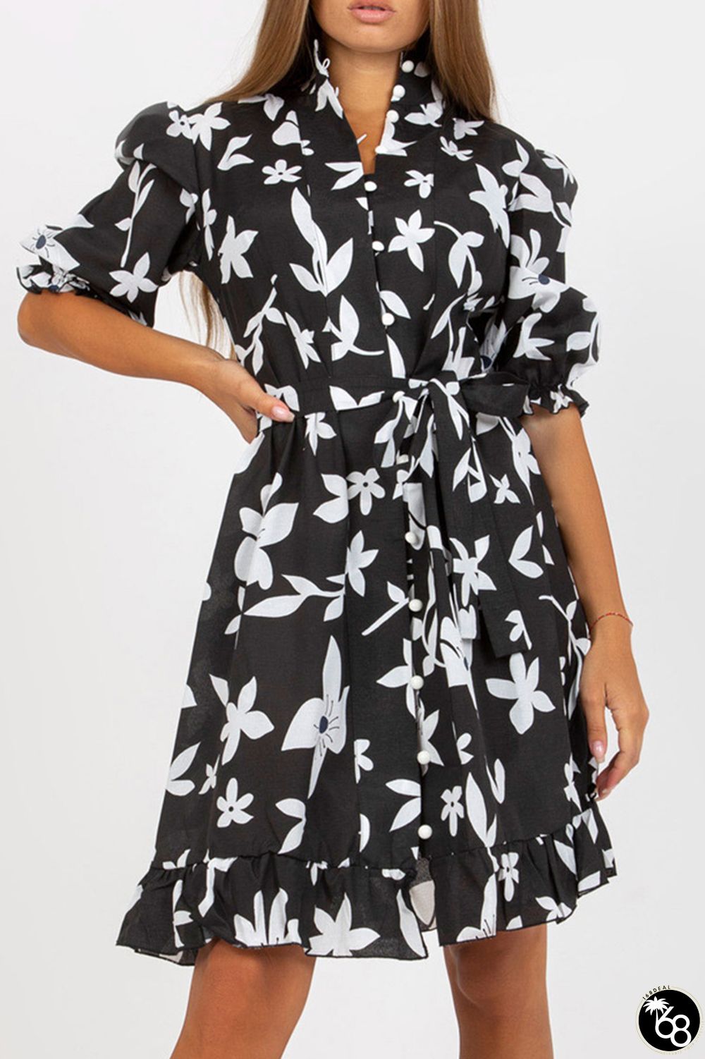 Vintage Elegant Floral Buckle With Belt Mandarin Collar Printed Dresses | 168DEAL