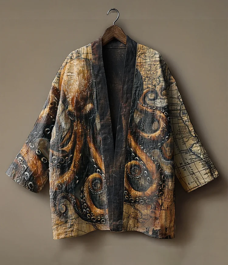 Japanese art-printed linen andou (open-front) kimono