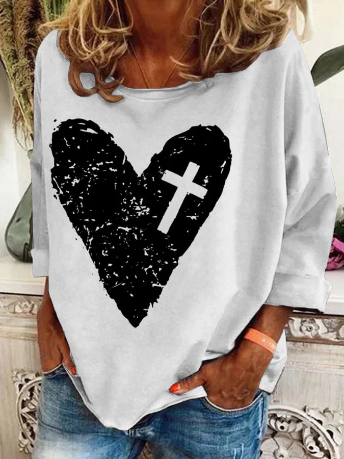 Women'S  Heart & Cross Print Sweatshirt