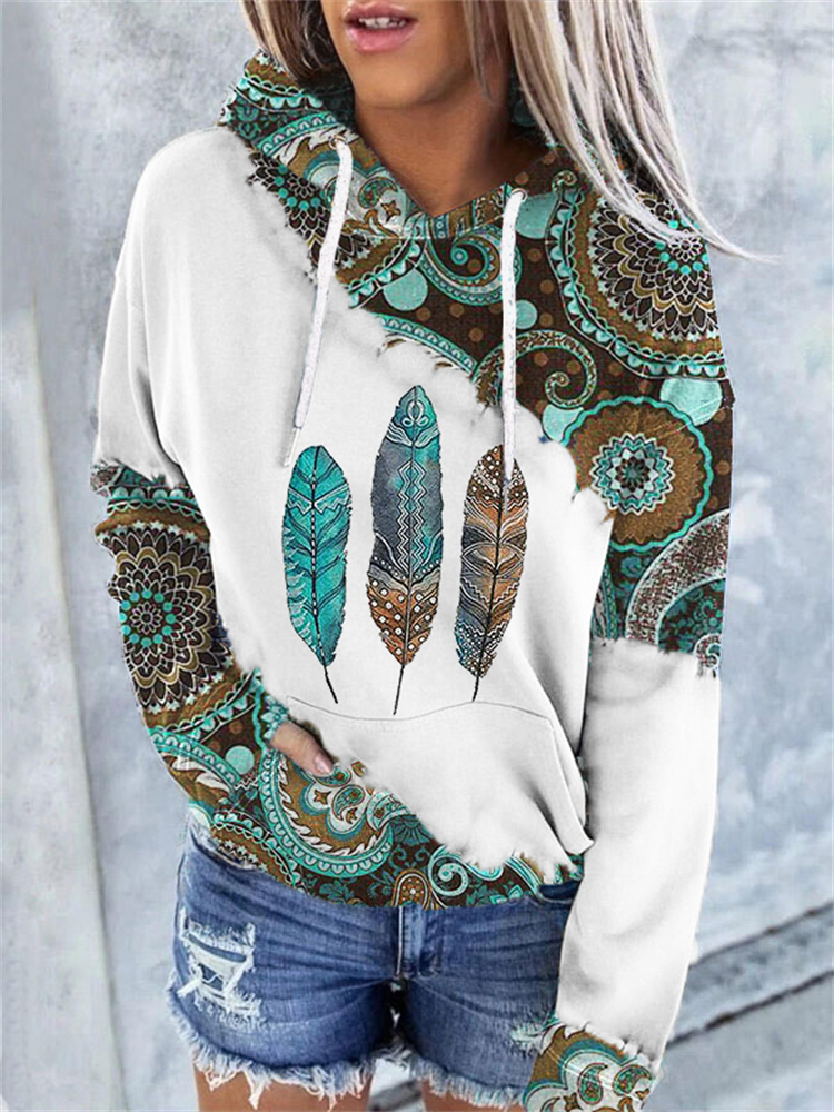  Western Ethnic Feathers Paisley Pattern Hoodie Westsshops