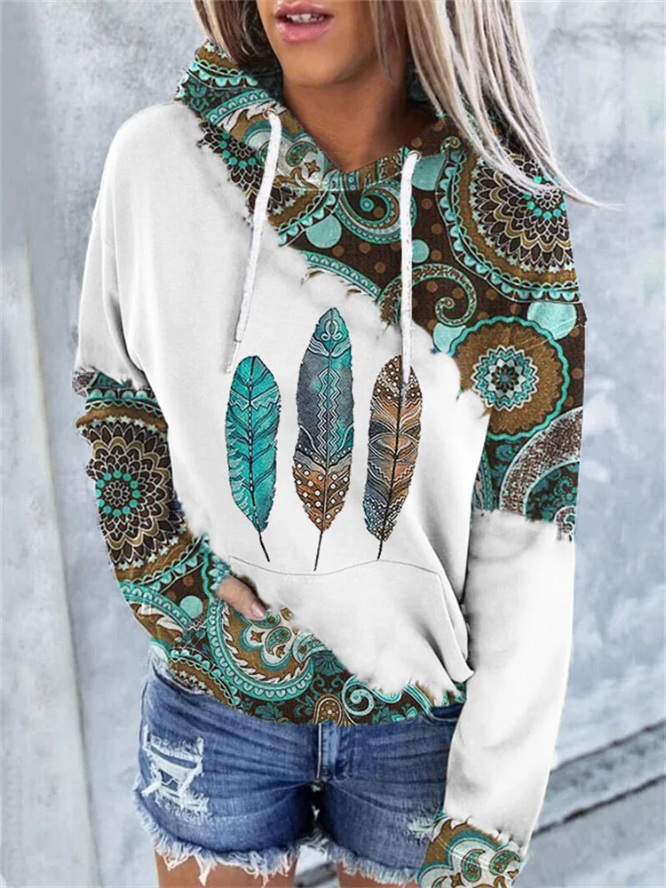 Vefave Western Ethnic Feathers Paisley Pattern Hoodie