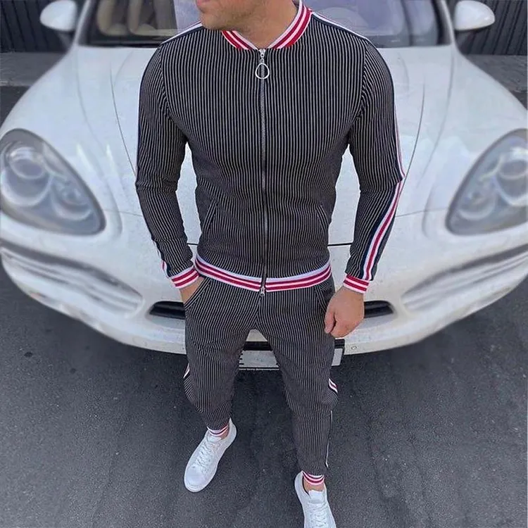 Men's Retro Casual Stripe Print Zipper Two-Piece Set 