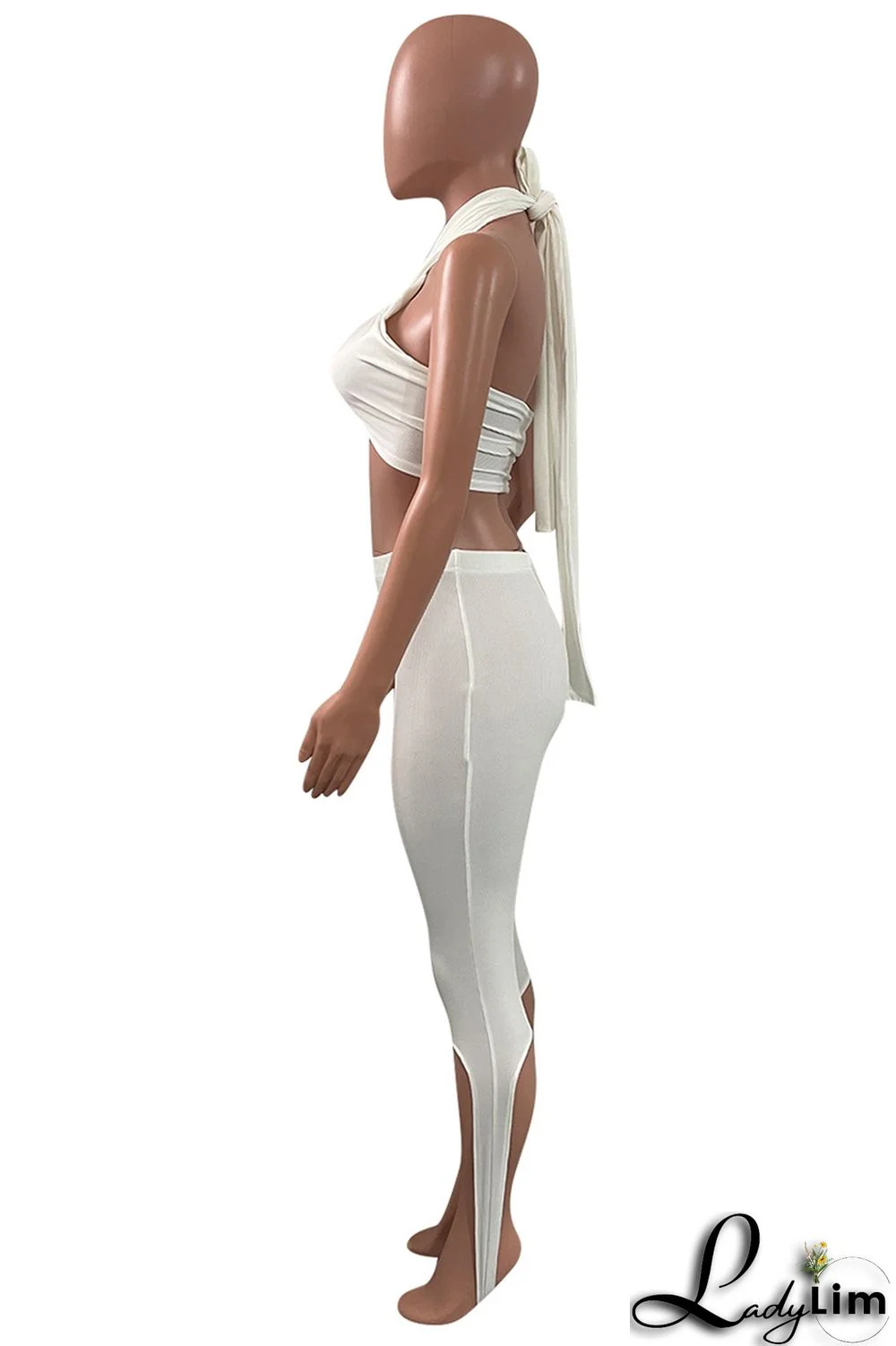 White Fashion Sexy Solid Bandage Backless Asymmetrical Halter Sleeveless Two Pieces