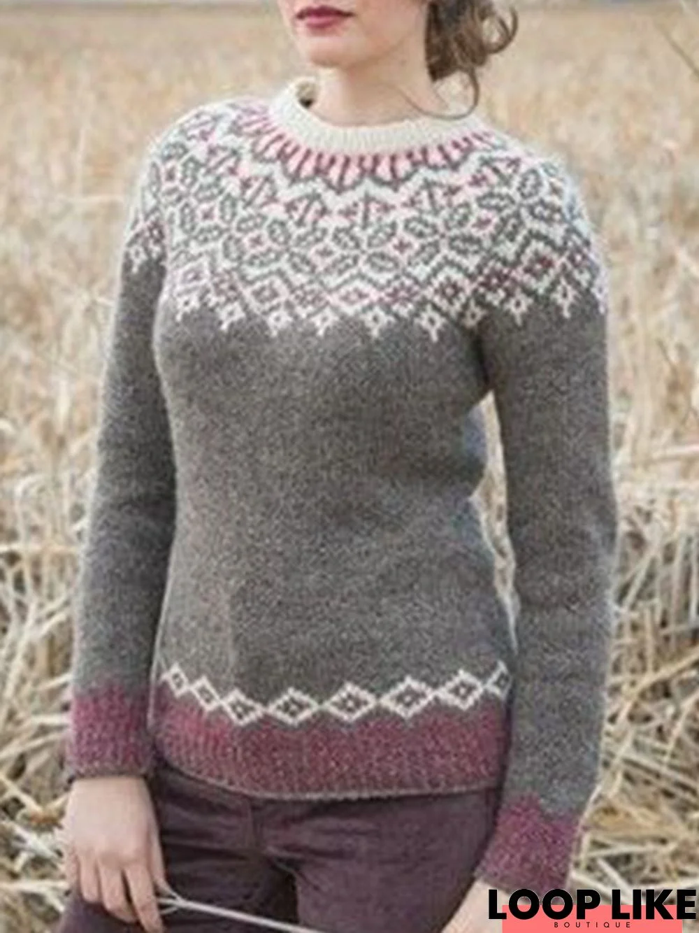 Knitted Geometric Crew Neck Long Sleeve Sweater