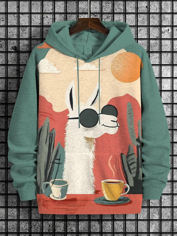 Men's Camel Drinks Coffee Desert Scenery Print Casual Hoodie