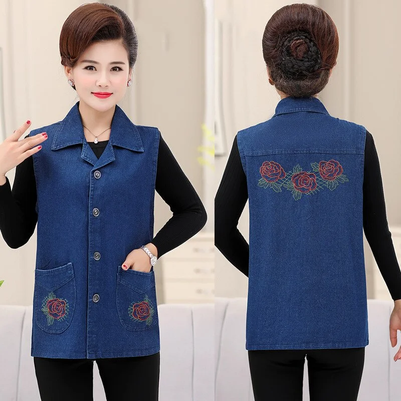Plus Size 5XL 6XL Women Denim Vest New Embroidery Single-Breasted Sleeveless Jeans Jacket Autumn Middle Aged Waistcoat Outerwear