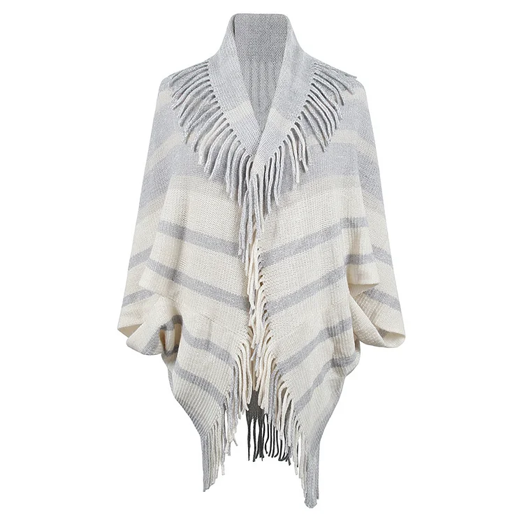 Women's Tassel Shawl Poncho Cape Stripe Poncho