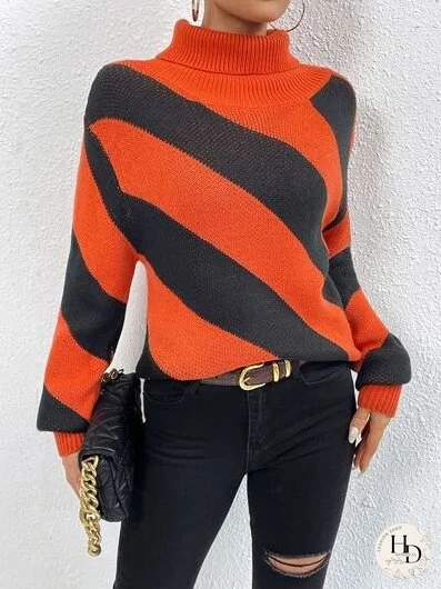 Striped Turtleneck Dropped Shoulder Sweater