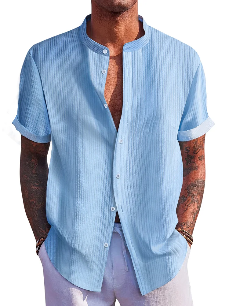 Men's Summer Stand Collar Vertical Stripe Jacquard Solid Color Short Sleeve Shirt