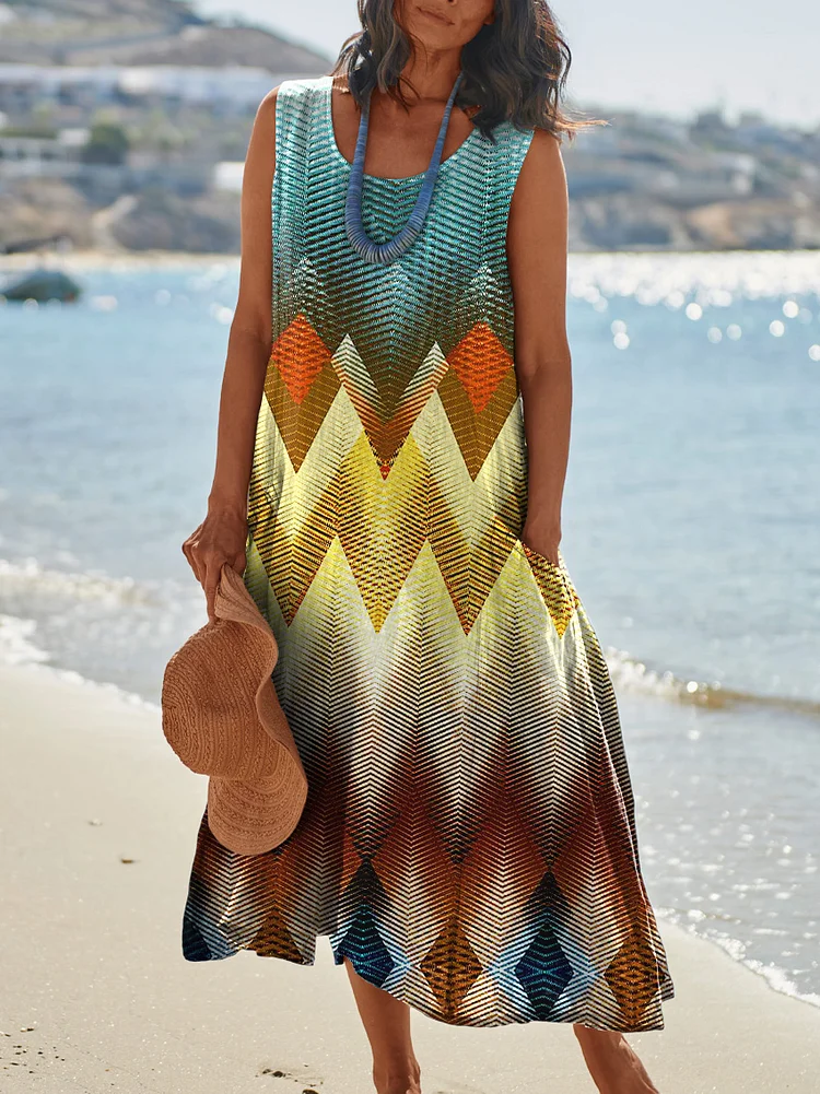 Multicolor Geometric Seamless Repeat Pattern Printed Women's Pocket Pinafore Linen Dress socialshop