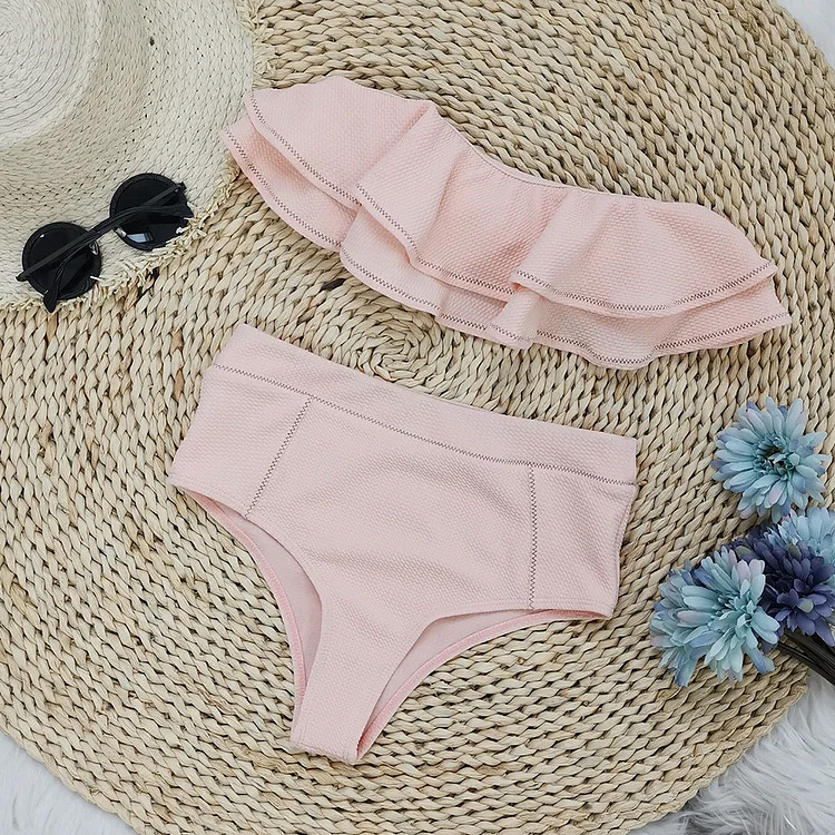 Flaxmaker Off Shoulder Ruffle Solid Color Bikini Swimsuit