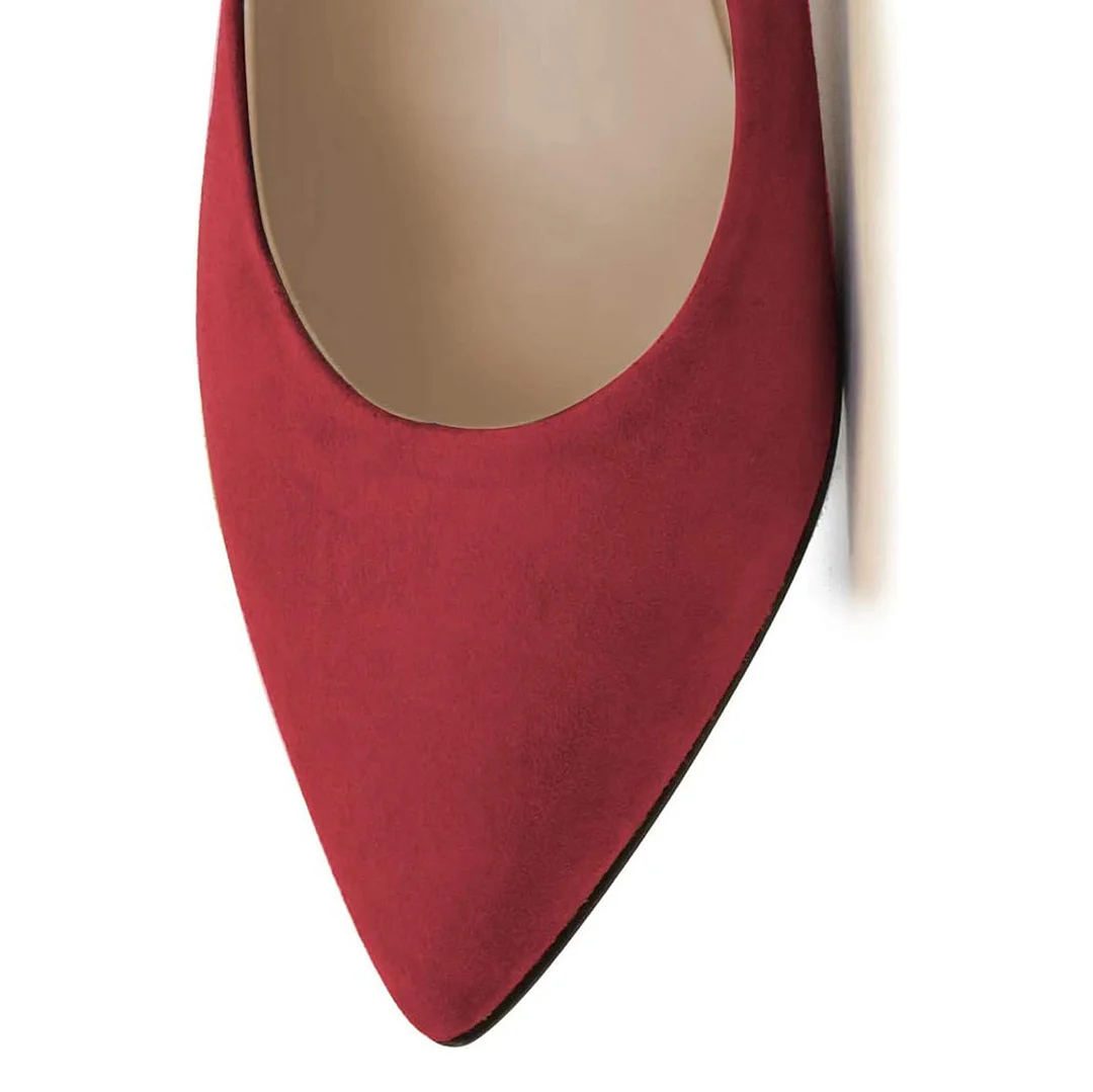 Red Faux Suede Pointed Elegant Buckle Strap Pencil Heel Sexy Pumps